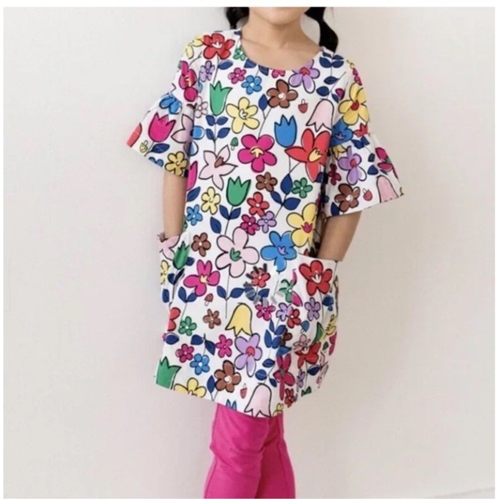 Hanna Andersson Girls Sz 10 Floral Mushroom Printed Mini Dress Bell Sleeve‎